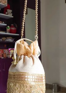 2 Gold Embellished Drawstring Potli Bags