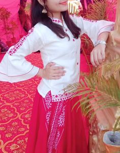 White Top And Red Side Cut Long Skirt (Ethnic Wear