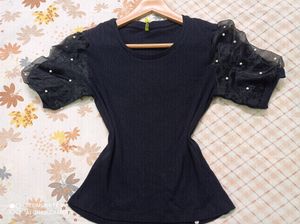 It's Black Cotton Fitted Party Wear Top