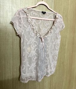 Coquette Romantic Sheer Lace Ruffle Neck Blouse