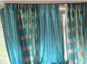 Printed Beige And Blue 2pc  Curtain Set