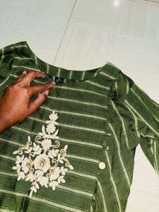 Green Striped Embroidered Kurti