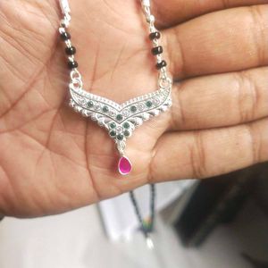 Pure Silver Beautiful Green &amp; Pink CZ Mangalsutra