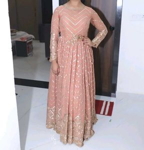 Pastel Peach Sequinn Embroidery Evening Gown