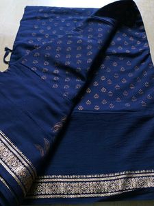 Elegant Blue &amp; Gold Print Cotton Saree