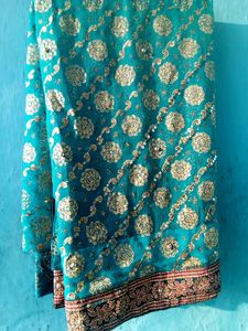 Teal &amp; Gold Embroidered Sari