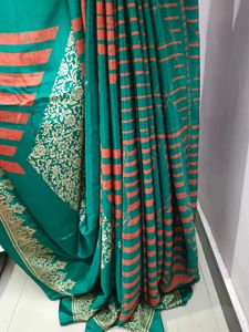 Teal &amp; Orange Patterned Saree