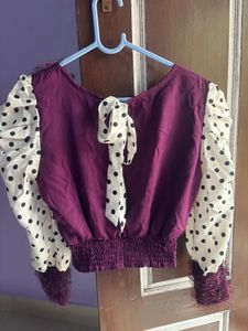 Polka Dot Sleeve Fuzzy Crop Top