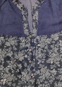 Cotton Jeans Fabric Floral Print450 Kurti For Girls,Colour-navy Blue With Floral Print