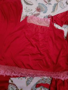 3 Piece Red Satin Night Suit Set In L Size