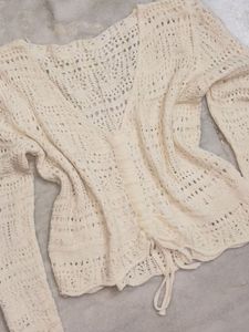 White Cottagecore Crochet Drawstring Blouse