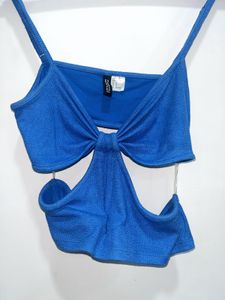 H&M Blue Knotted Cut Out Crop Top