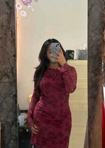 Maroon Floral Pattern Mini Dress