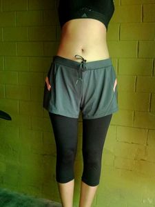 Black Solid Tights With Attached Shorts.