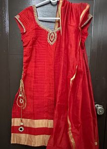 Red Embellished Kurti Set
