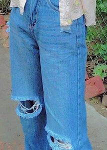 Straight Fit Distressed Blue Denim Jeans For Women