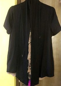 Brown Patterned Blouse with Black Cardigan