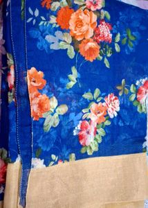 Floral Print Saree - Blue &amp; Orange