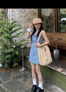 blue gingham printed micro mini dress