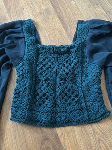 Crochet &amp; Chiffon Balloon Sleeve Top