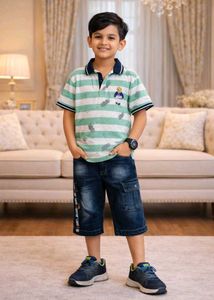 Boys Striped Polo Tee & Denim Shorts