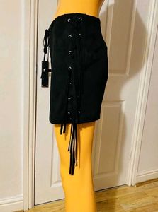 Zara Black Faux Soft Suede Laces Tassel Mini Skirt