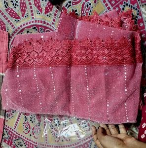 Pink Lace Trim Fabric Saree