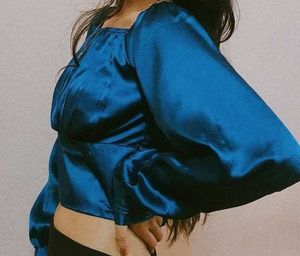 Blue Satin Ruched Crop Top