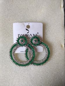 Green &amp; White Diamond Chand Bali Earrings