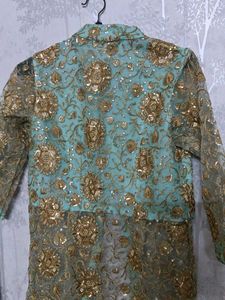 Indo Westen Banarasi Silk Skirt And Long Net Shrug