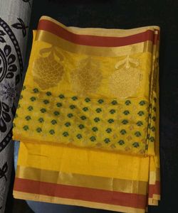 Unused Yellow Cotton Blend Saree