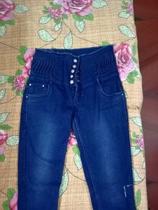 Dark Blue Jeans With Cut On Left Leg..