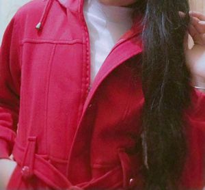 A Red Blazer With 3 Pockets &amp; belt On Waist