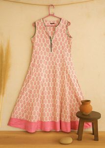 Block Print Pink Sleevless Gown By Meena Bazaar
