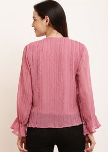 Mauve Tie-Neck Ruffle Sleeve Top