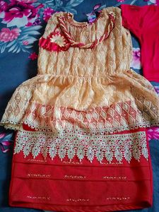 Girls' Party Dress - Red & Beige