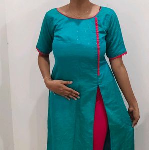 Elegant Teal Kurti with Pink Lace Detailing