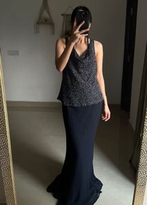 JKARA NAVY BLUE BEADED EVENING GOWN