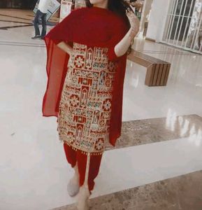 Red Kurta patiyala salwar Set