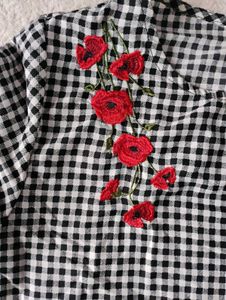 Gingham Floral Embroidered Blouse