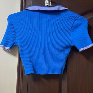 Blue Knit Polo Crop Top