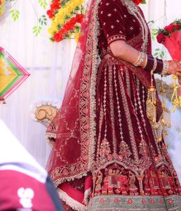 Maroon Velvet Bridal Saree with Jewelry