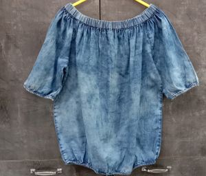Women blue off shoulder bardot top