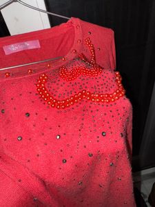 Peach Party Wear Woollen Top For Women