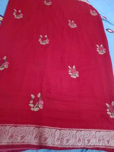 Red Worked Saree With Stitched Blouse