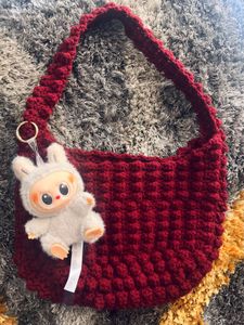 Red Crochet Hobo Bag with Charm