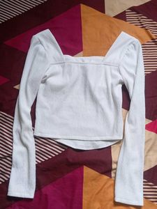 White Ribbed Knit Square Neck Long Sleeve Top