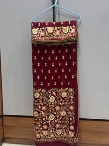 Maroon Embroidered Sarees With Ready Blouse