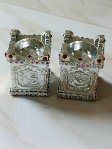 Silver Plated Swastik Unique Diya Set