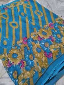 Blue &amp; Gold Patterned Saree